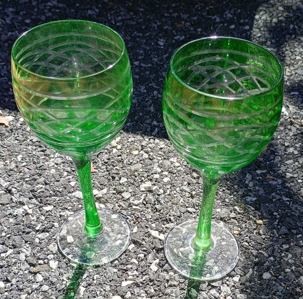 Vtg Set 2 Bohemian Crystal Green Flashed Glass Cut Circles Wine Glasses 7.5"
